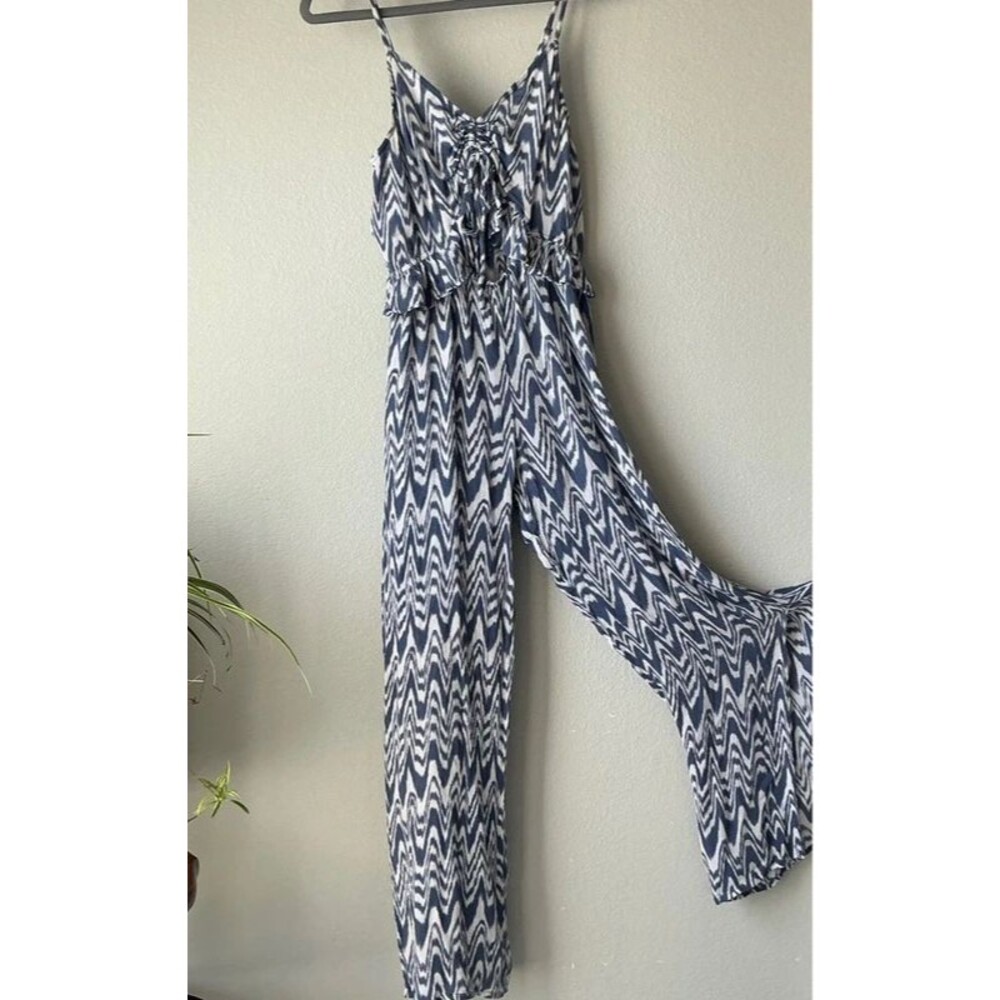 Rock & Roll Cowgirl Ikat Chevron Jumpsuit - Blue & White - M